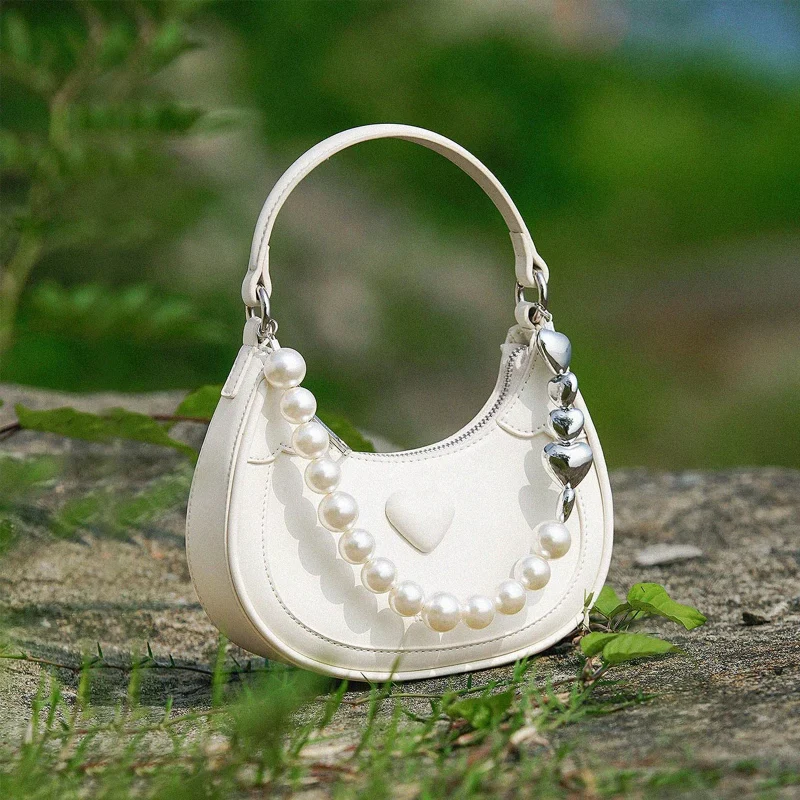 Eco Luxury Designer Crescent Bag with Pearl Chain - Image 6