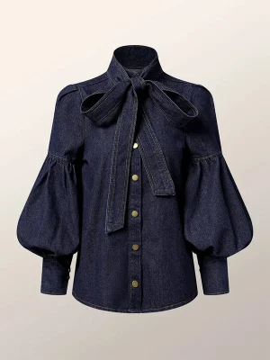 Bow Tie Design Imitation Denim Puff Sleeves Blouse