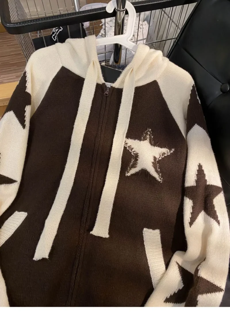 Star Zipper Retro Loose Knitted Cardigan Harajuku Long-sleeved Hoodie - Image 6
