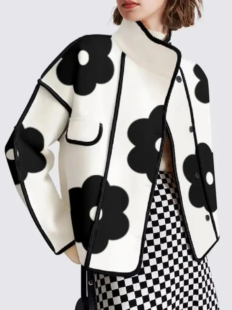 Flower Print High-Neck Long Sleeves Buttoned Coats - Image 4