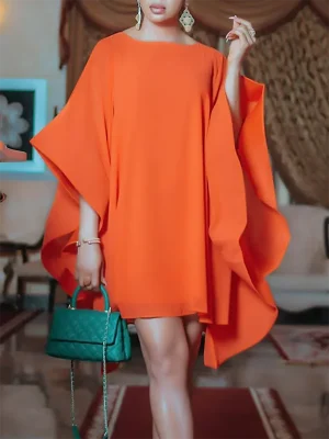 Solid Color Half Batwing Sleeves Orange Mini Dress