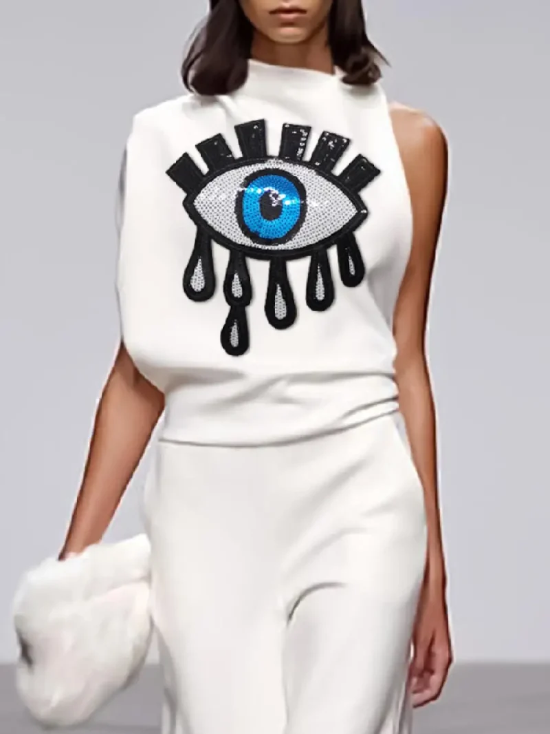 Asymmetric Applique High Neck Casual T-Shirts - Image 7