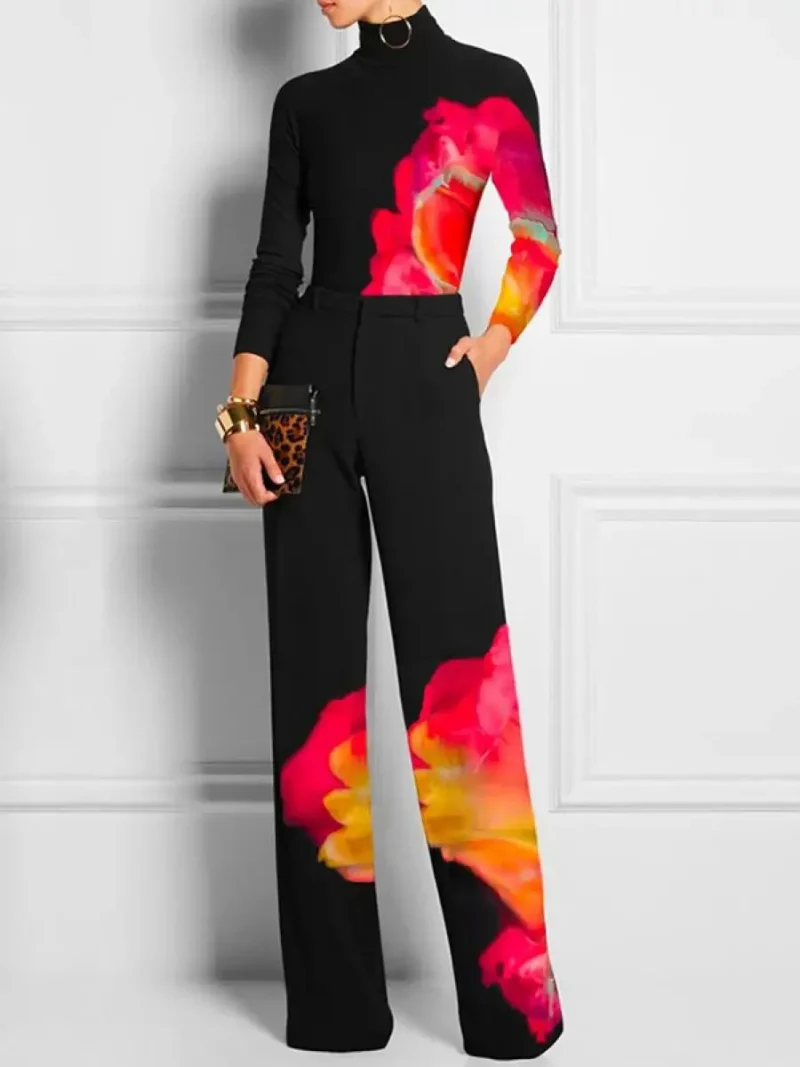 Contrast Color Printed High Waisted Straight Leg Pants - Image 6