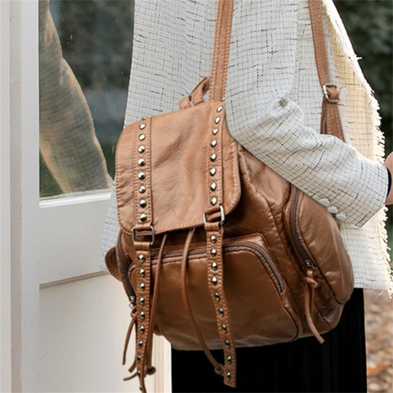 Designer Belt Rivet Soft Leather bHigh-capacity Travel Backpack Sac - Image 11