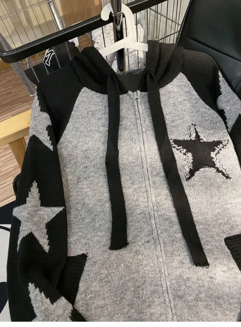 Star Zipper Retro Loose Knitted Cardigan Harajuku Long-sleeved Hoodie - Image 10