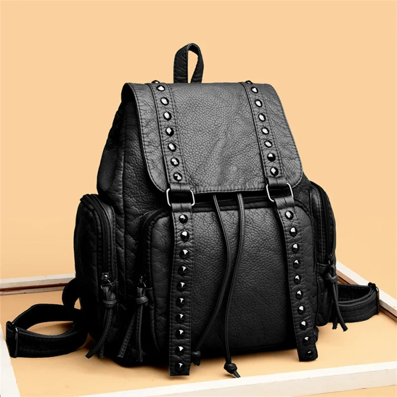 Designer Belt Rivet Soft Leather bHigh-capacity Travel Backpack Sac - Image 9