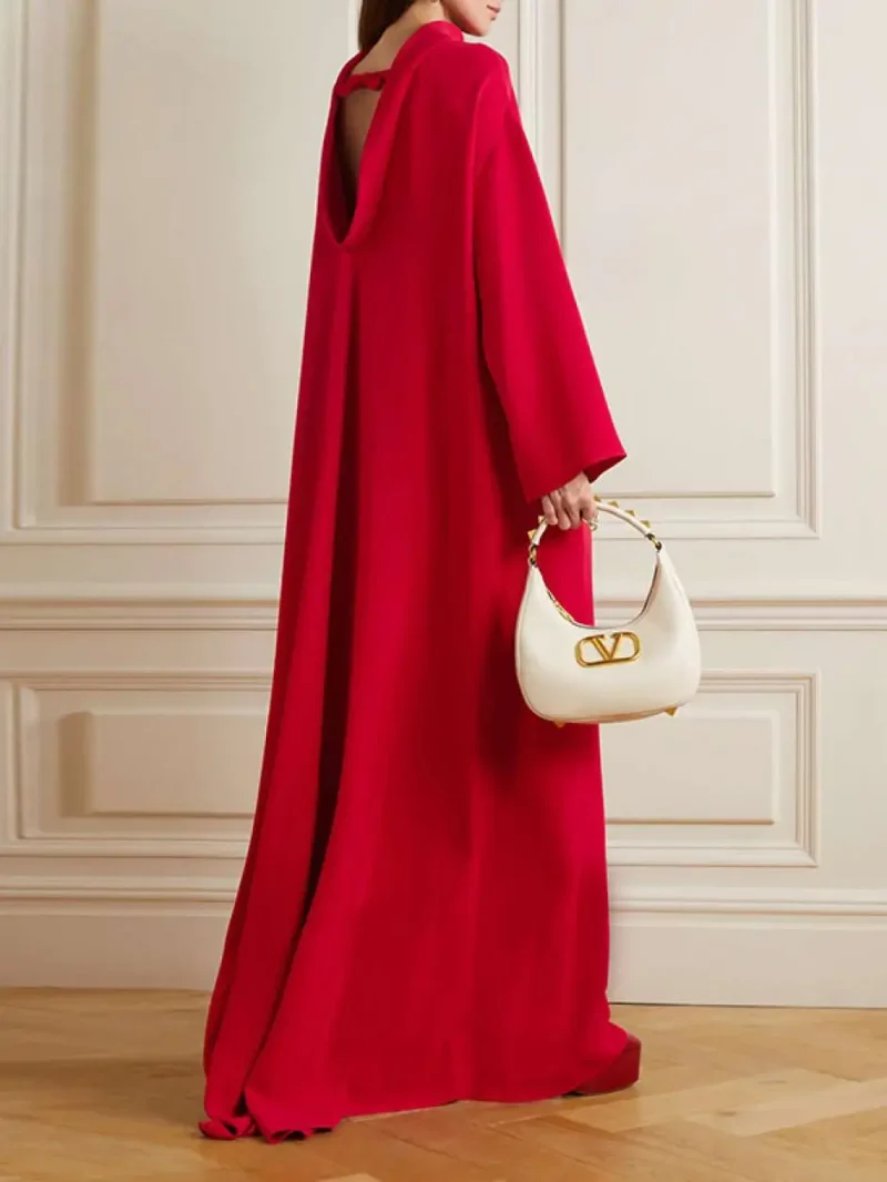 Hollow Pockets Solid Color High-Neck Maxi Dress - Image 5