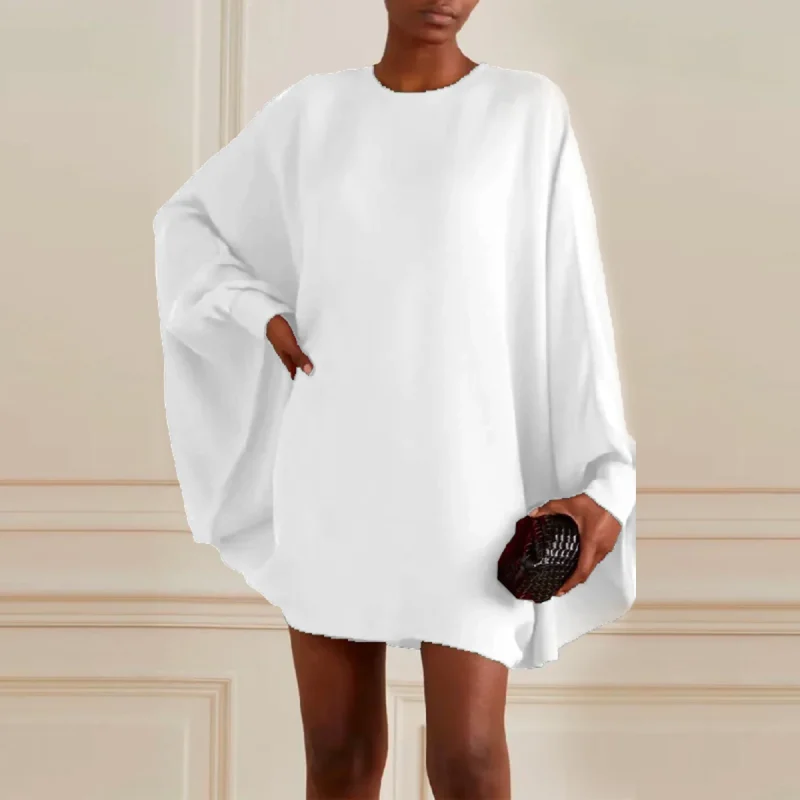 Loose Simple Long Batwing Sleeves Solid Color Round-Neck Mini Dress