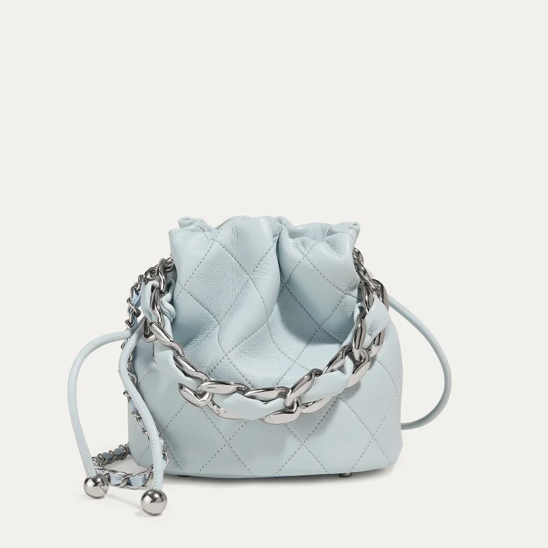 Genuine Leather Quilted Drawstring Bucket Bag - Image 8