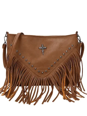 Vintage Pu Leather Tassel Solid Color Retro Crossbody Bag