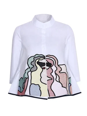 Stylish Embroidery High-Low Stand Collar Blouse