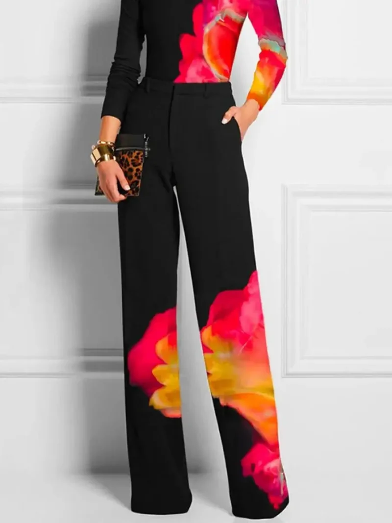 Contrast Color Printed High Waisted Straight Leg Pants - Image 7