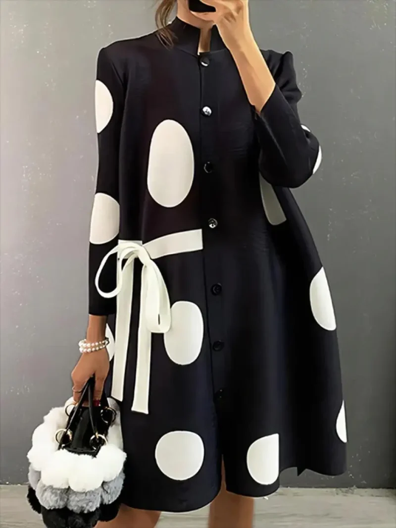 Buttoned Polka-Dot Tied Stand Neck Shirts Dress - Image 8