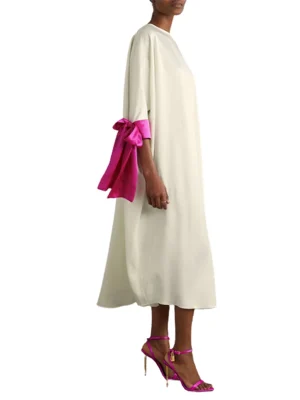 Bow Contrast Color Round-Neck Midi Dress