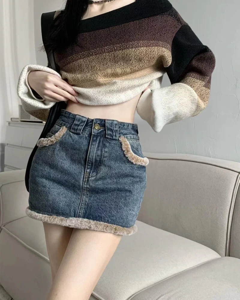 Washed Fur Paneled Denim A-line Skirt Y2k Skirt - Image 7