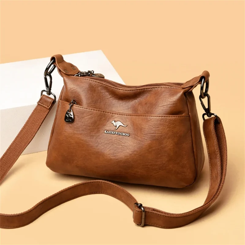 High Quality Soft PU Leather  Bilayer Multi-pocket Messenger Bag - Image 8