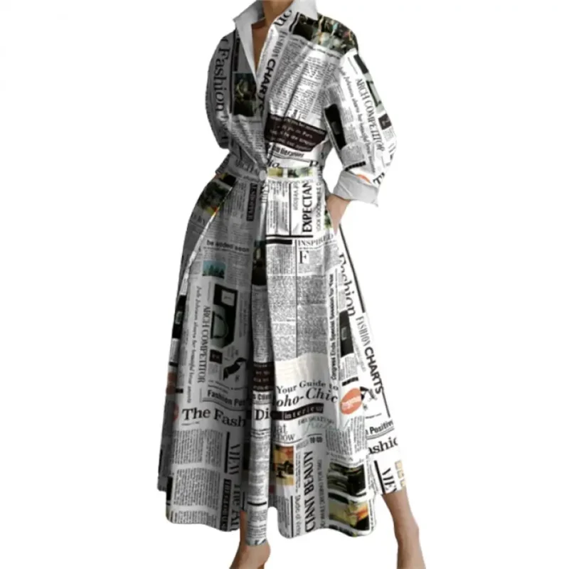 Letter Print Lapel A-Line Dress