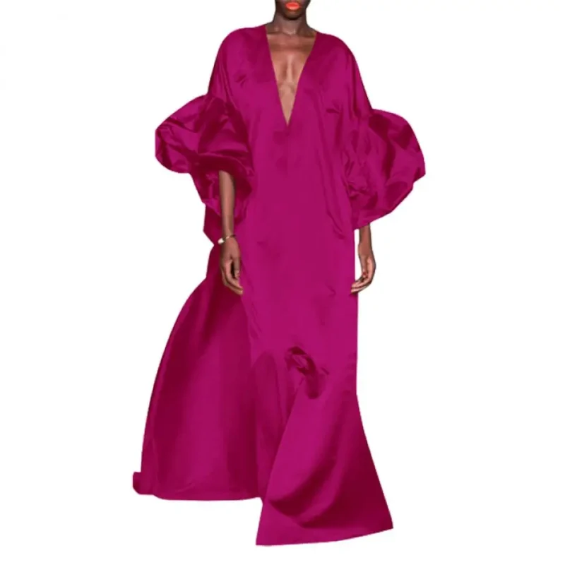 Solid Color Puff Sleeve V-Neck Prom Maxi Dress