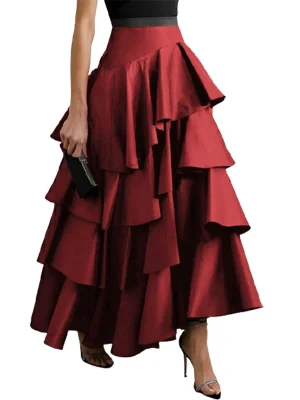 A-Line Falbala High Waisted Solid Color Long Skirts