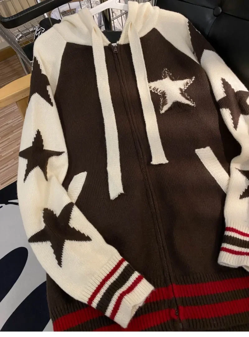 Star Zipper Retro Loose Knitted Cardigan Harajuku Long-sleeved Hoodie - Image 7