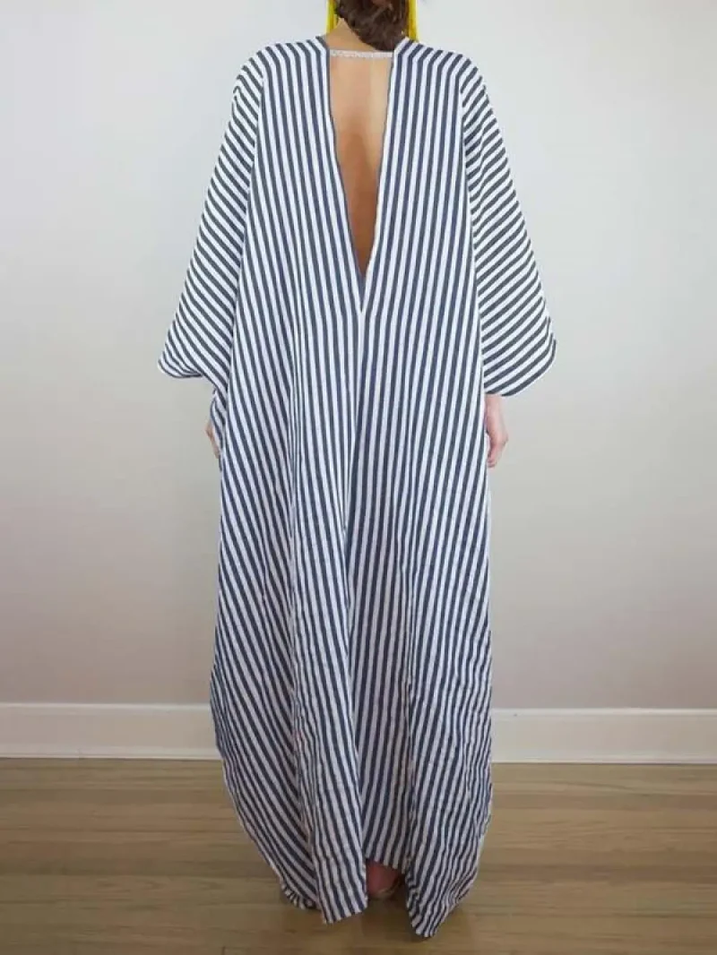 Striped Batwing Sleeves Loose V-Back Deep V-Neck Dress - Image 8