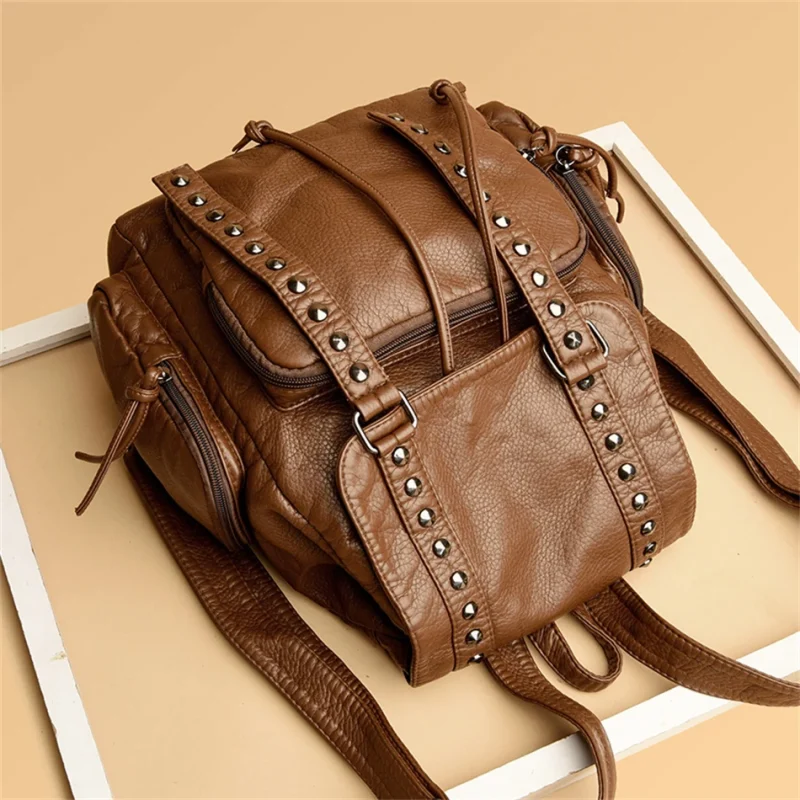 Designer Belt Rivet Soft Leather bHigh-capacity Travel Backpack Sac - Image 10