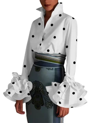 Flared Sleeves Falbala Polka-Dot Lapel Blouse