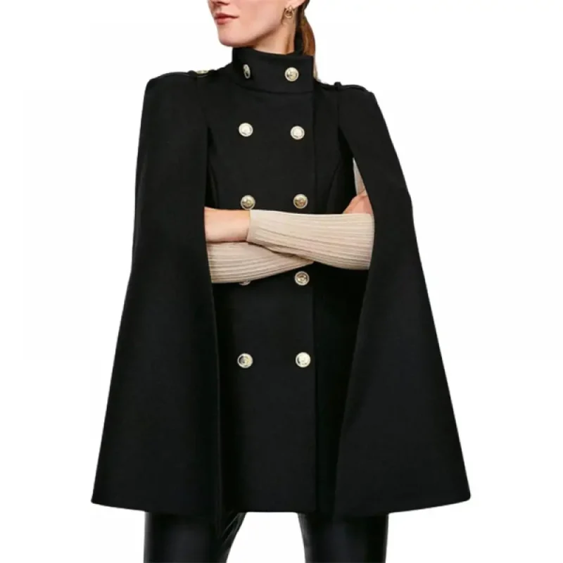 Double-Breasted Stand Collar Cape Coats