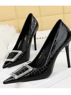 Patent Leather Snake Pattern Rhinestone High Heels