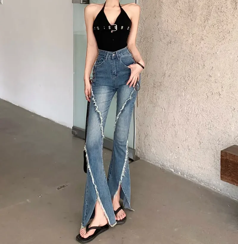 Y2k Slit Raw Edge Strappy Flared High Waist Jeans - Image 8