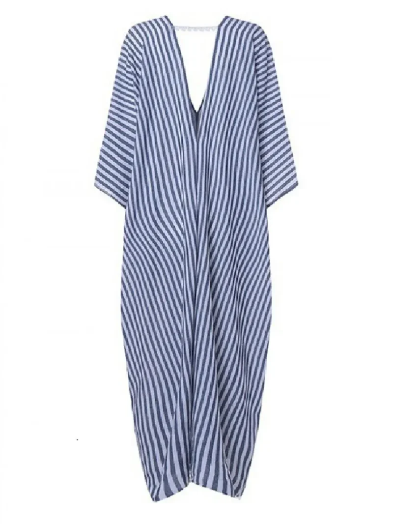Striped Batwing Sleeves Loose V-Back Deep V-Neck Dress - Image 9