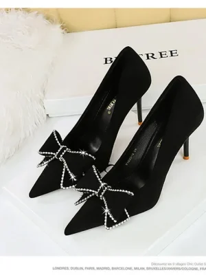 Eco Rhinestone Bowknot Suede Stilettos Heels