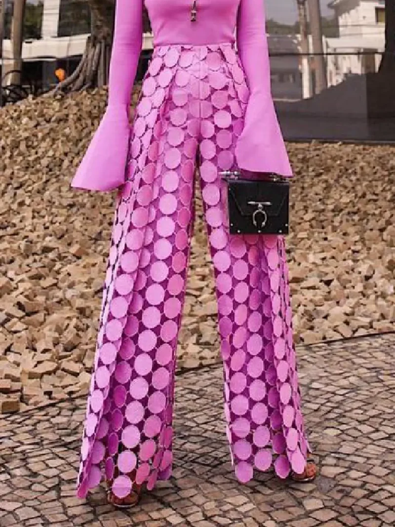 Hollow Polka Dot Solid Color Trousers - Image 8