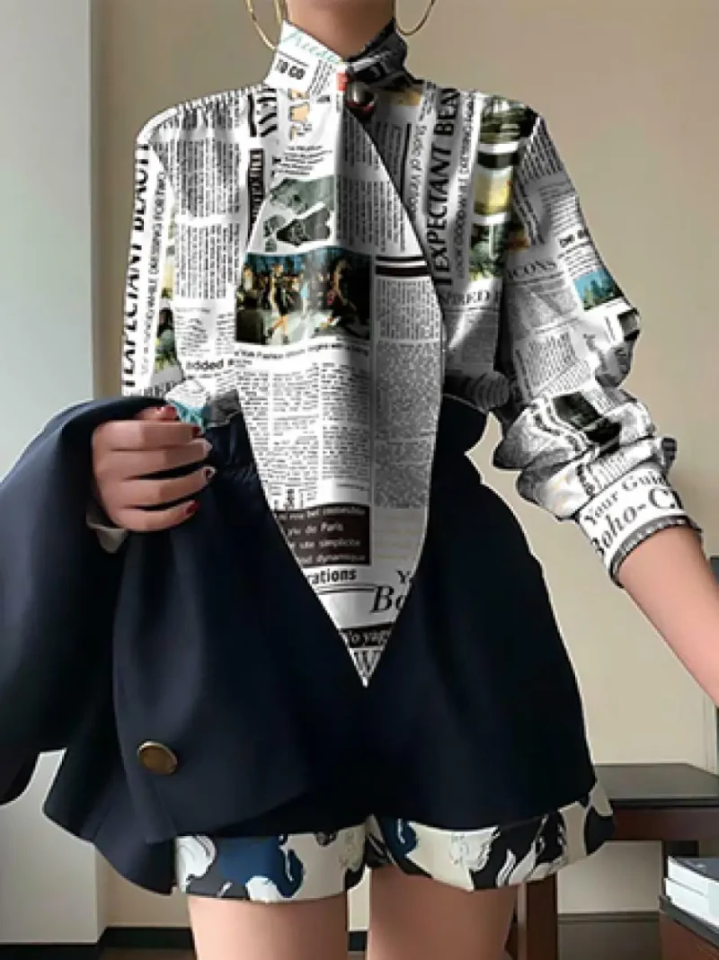 Letter Print Tie Design Stand Collar Blouse - Image 5