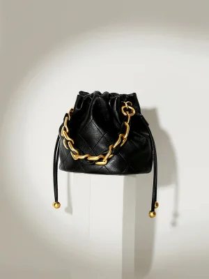 Genuine Leather Quilted Drawstring Bucket Bag