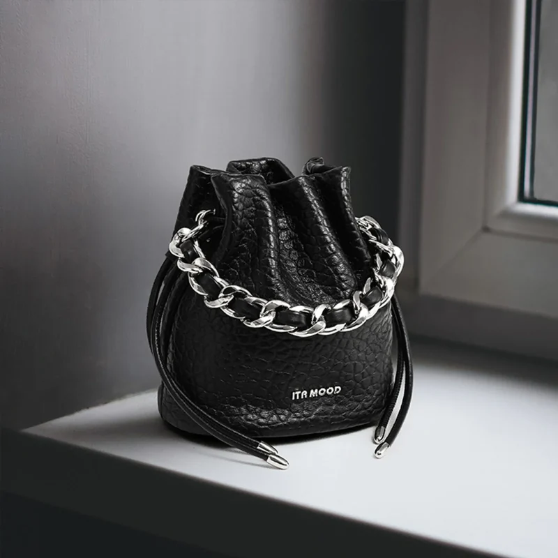 Soft Genuine Leather Chain Shoulder Strap Bucket Bag
