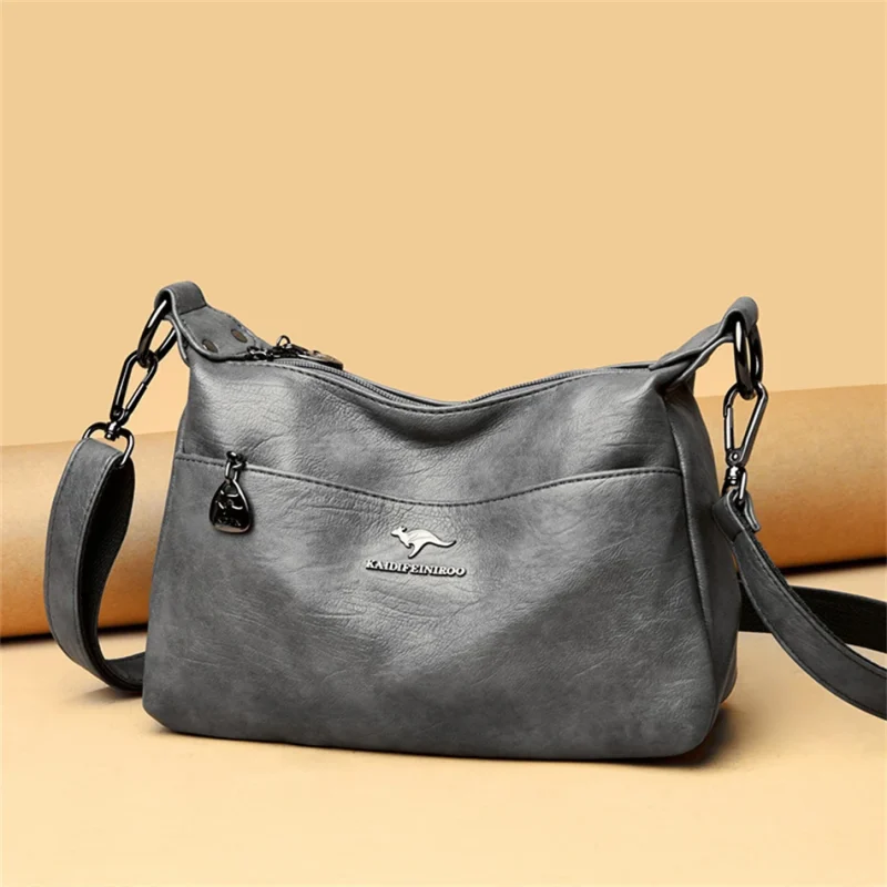 High Quality Soft PU Leather  Bilayer Multi-pocket Messenger Bag - Image 9