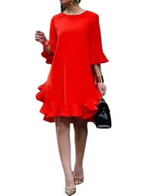 Solid Color Falbala Red Midi Dress