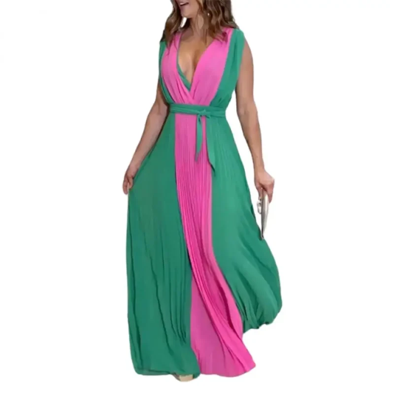 Contrast Color Sexy V-Neck Pleated A-Line Prom Dress - Image 4