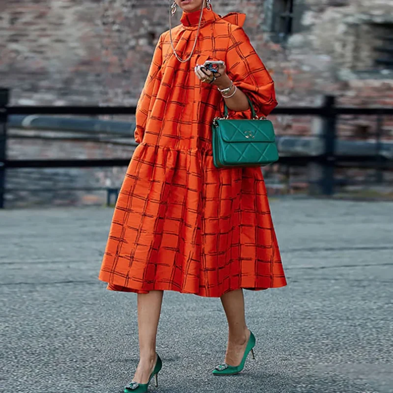 Stylish Selection Puff Sleeves Plaid High-Neck Dress