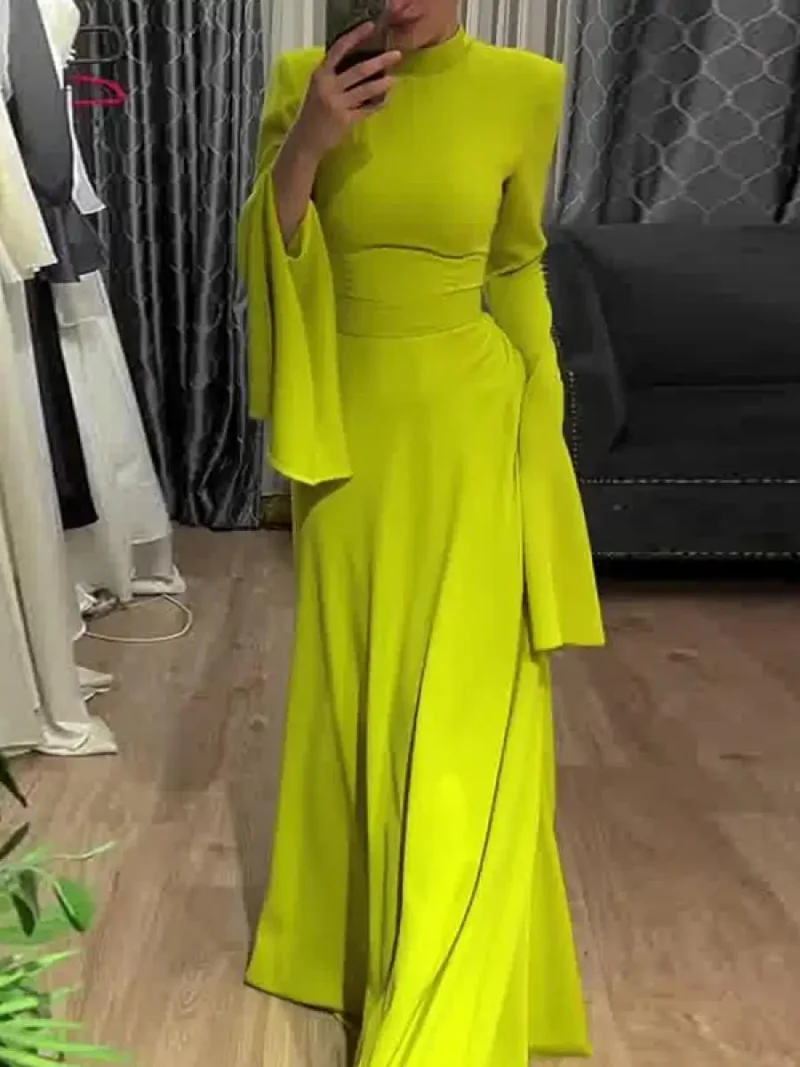 Ruffle Sleeves Solid Color High-Neck Maxi Dress