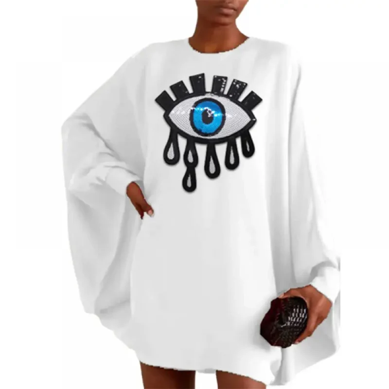 Blue Eye Applique White Short Dress