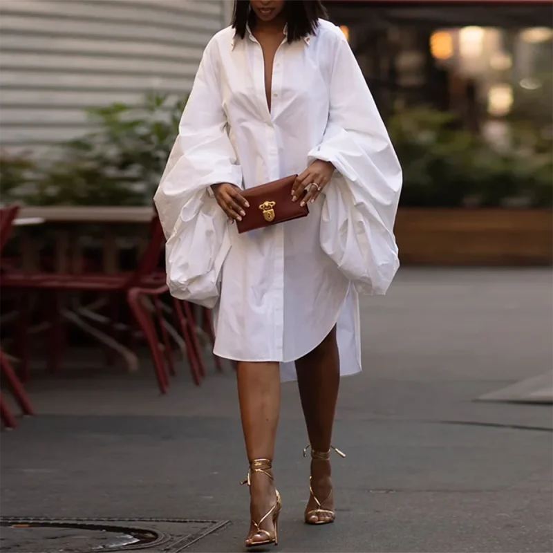 Puff Sleeve Loose Pleated Lapel White Dress - Image 4
