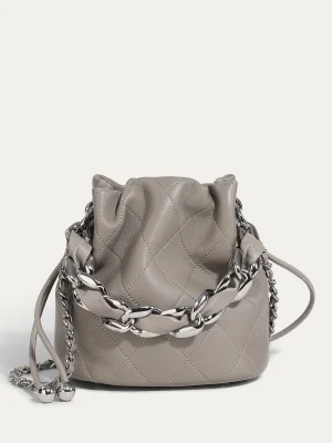 Genuine Leather Quilted Drawstring Bucket Bag