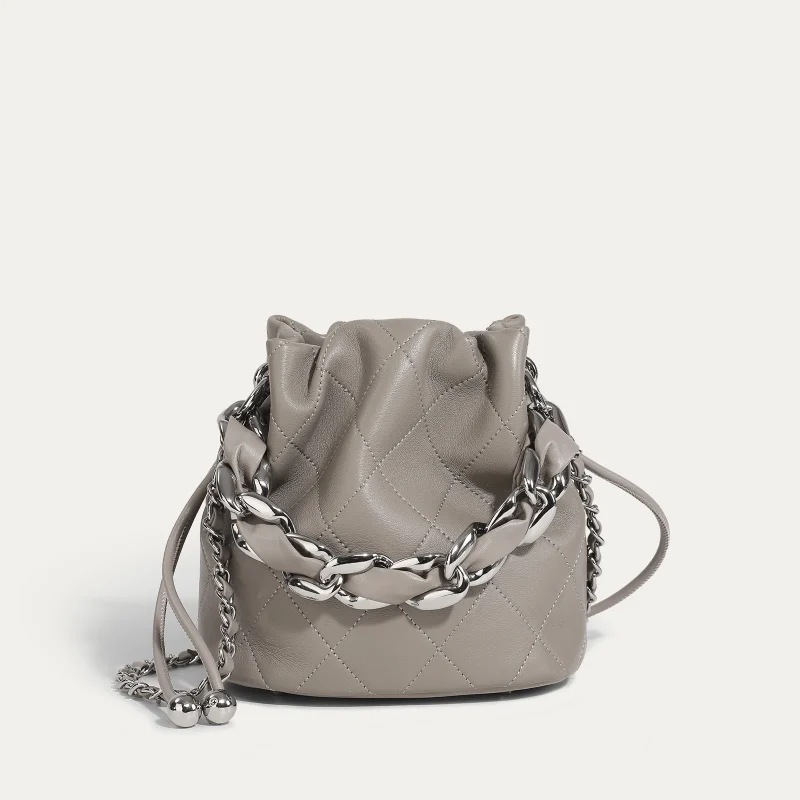 Genuine Leather Quilted Drawstring Bucket Bag