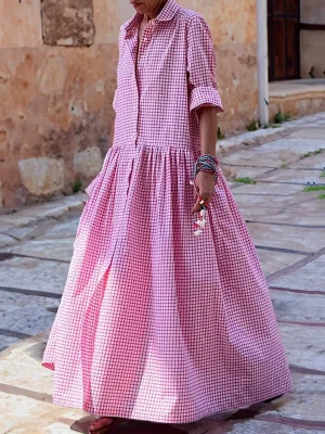 Plaid Pleated Lapel Shirts Dress