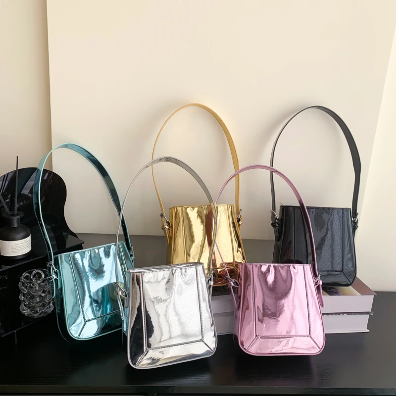 Pure Color Shiny Gold Leather Shoulder Bags - Image 5