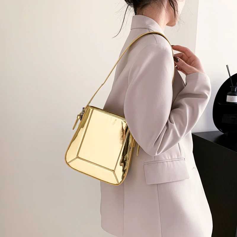 Pure Color Shiny Gold Leather Shoulder Bags - Image 2