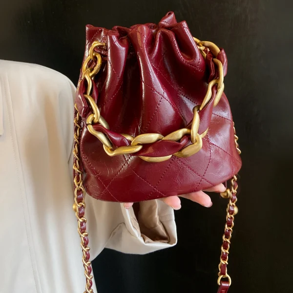 Genuine Leather Quilted Drawstring Bucket - Image 3