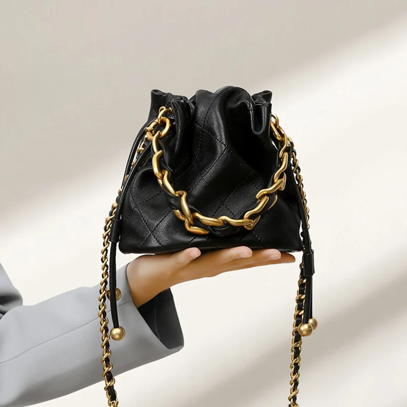 Eco Genuine Leather Quilted Drawstring Bucket Bag - Image 2
